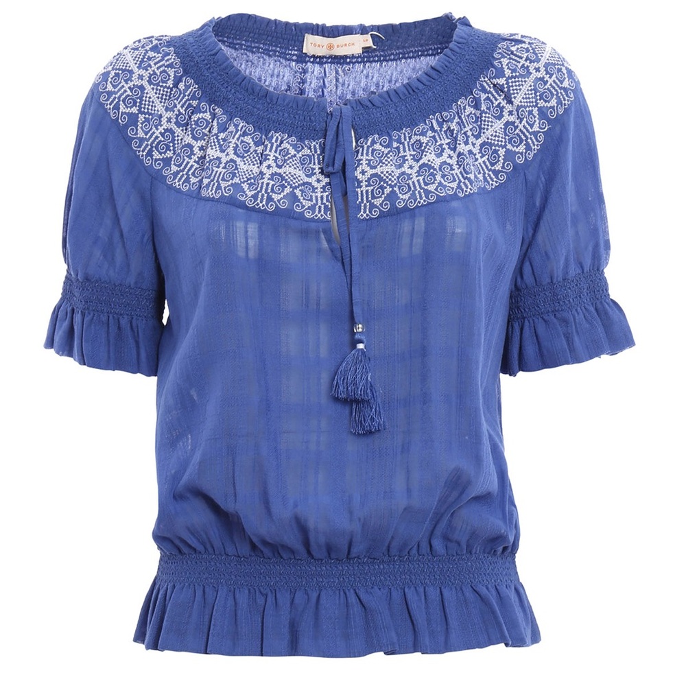 Tory Burch Royal Blue Embroidered Peasant Blouse M EUC